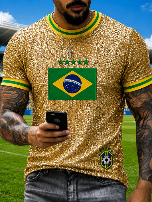 Men's Brazil Football Fan Gift Printed Casual Short Sleeve T-shirt