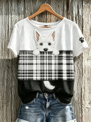 Women's Peeking Scottish Terrier Dog & Scotland Tartan Colorblock Print short-sleeved T-shirt