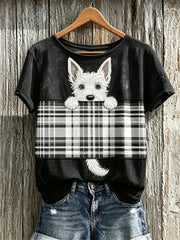 Women's Peeking Scottish Terrier Dog & Scotland Tartan Colorblock Print short-sleeved T-shirt