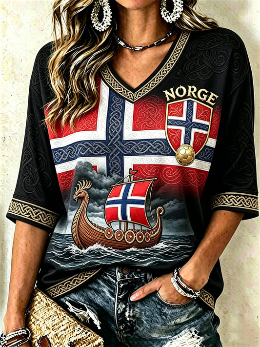 Women's Norway Football Viking Ship Celtic Knot Flag Gradient Print Mid-length Sleeves V-Neck T-Shirt