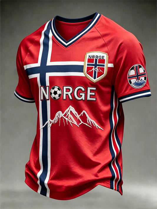 Men's red and blue clash color design football pattern element casual sports T-shirt