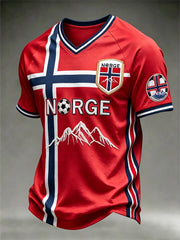 Men's red and blue clash color design football pattern element casual sports T-shirt