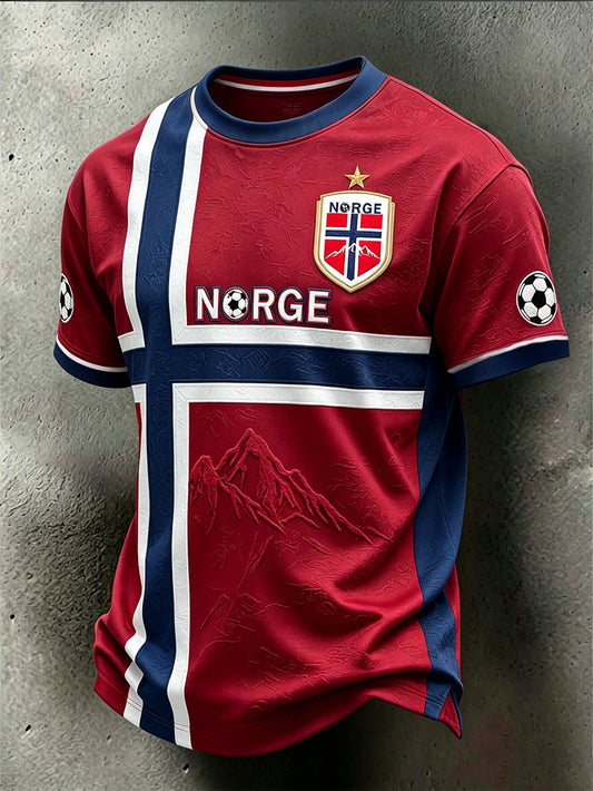 Men's red and blue clash color design football pattern element casual sports T-shirt