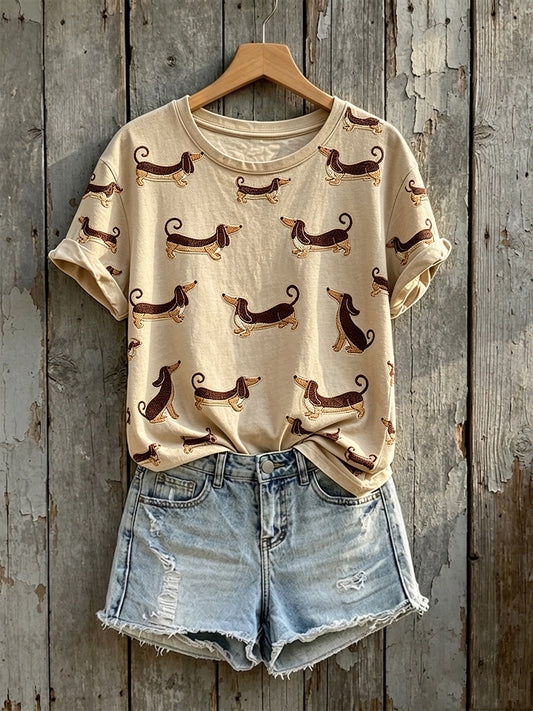 Women's Cute Dachshund Art Print Short-sleeved T-shirt