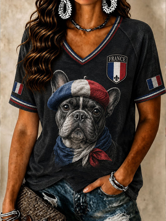 Women's French Bulldog V-neck T-shirt