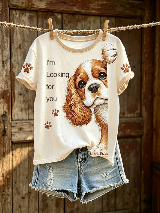 Women's cute dog pattern printed casual short-sleeve T-shirt