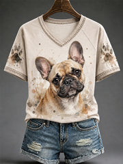 Women's Cute Watercolor Dog Print Gift For Pet Lovers Casual V-Neck Tee
