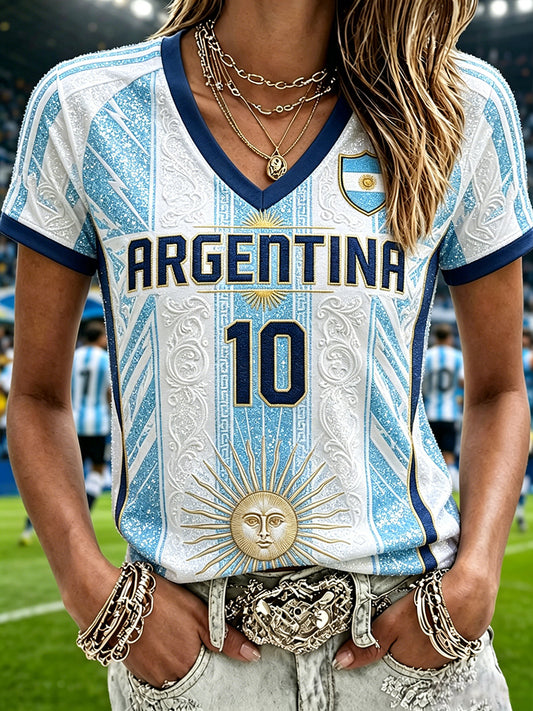 Women's Argentina Football Inspired Print V Neck Short-sleeved T-shirt