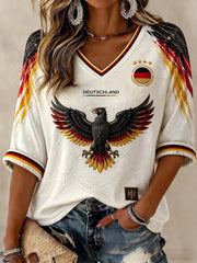 Women's Germany Football Printed Mid-length Sleeves V-Neck T-Shirt