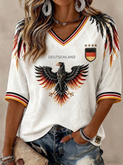 Women's Germany Football Printed Mid-length Sleeves V-Neck T-Shirt