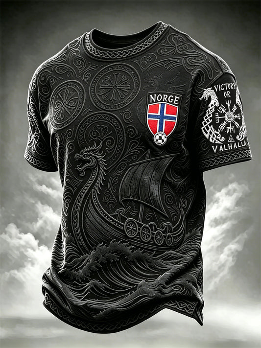 Men's Norway Football Victory or Valhalla Viking Vegvisir & Ship Celtic Knot Print short sleeves t-shirt