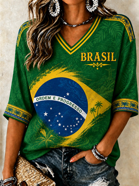 Women's Brazil Football Fan Gift Art  Mid-length Sleeves V-Neck T-Shirt