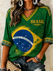 Women's Brazil Football Fan Gift Art  Mid-length Sleeves V-Neck T-Shirt