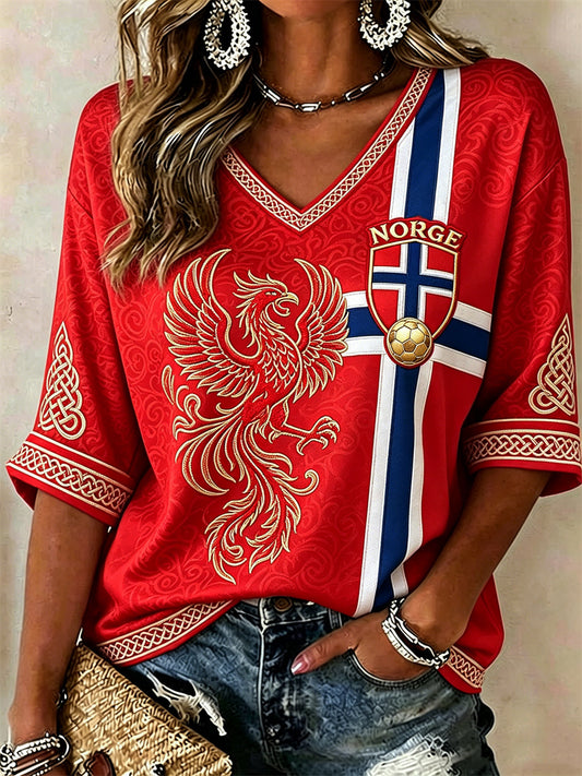 Women's Norway Football Viking Phoenix Celtic Knot Flag Print Mid-length Sleeves V-Neck T-Shirt