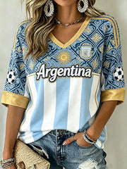 Women's Color Combination Design Football Element Pattern Print Mid-length Sleeves V-Neck T-Shirt