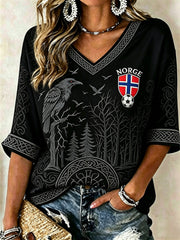 Women's Norway Football Viking Raven Forest Celtic Knot Print Mid-length Sleeves V-Neck T-Shirt