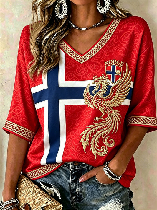 Women's Norway Football Viking Phoenix Celtic Knot Flag Print Mid-length Sleeves V-Neck T-Shirt