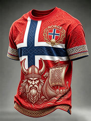 Men's Vintage Viking Inspired Print Norway Football Fan Short Sleeves T-shirt