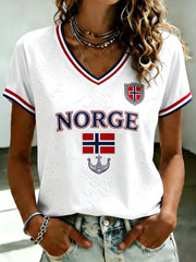 Women's Norge Football Printed V-neck T-shirt