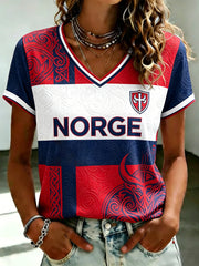 Women's Norge Football Printed V-neck T-shirt