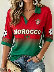 Women's Color Combination Design Football Element Pattern Print Mid-length Sleeves V-Neck T-Shirt