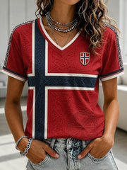 Women's Norge Football Printed V-neck T-shirt