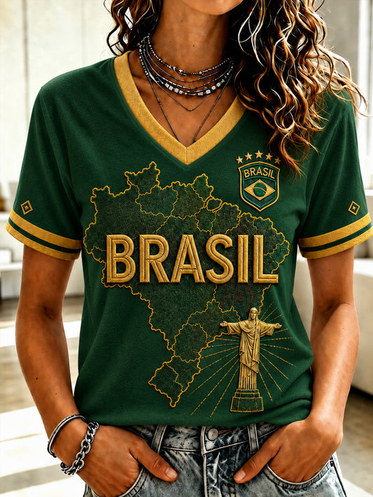 Women's Brazil Football Fan Gift Art Print V-neck Short Sleeve T-shirt