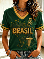 Women's Brazil Football Fan Gift Art Print V-neck Short Sleeve T-shirt