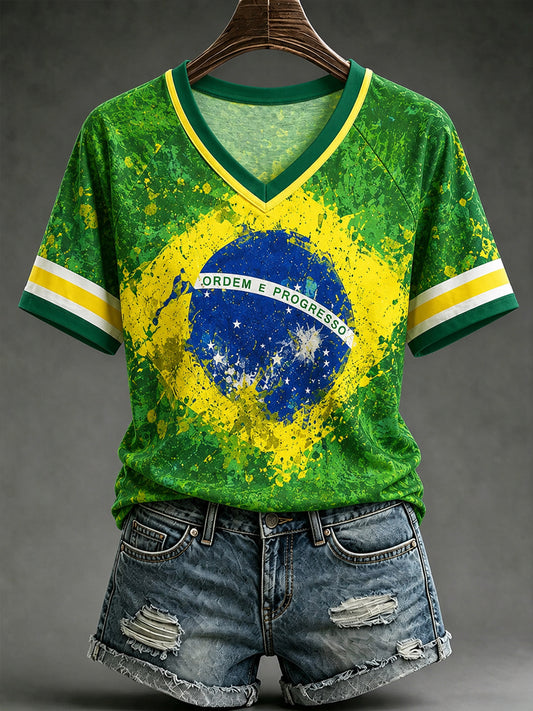 Women's Brazil Football Fan Gift Art Print V-neck Off-shoulder Short Sleeve T-shirt