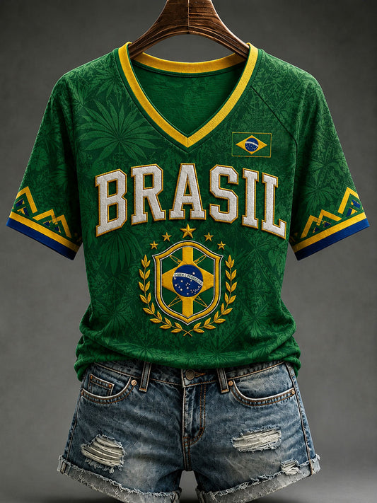 Women's Brazil Football Fan Gift Art Print V-neck Off-shoulder Short Sleeve T-shirt