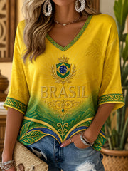 Women's Brasil Print Casual Half-Sleeves V-Neck T-Shirt