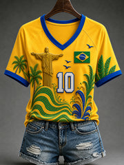 Women's Brazil Football Fan Gift Art Print V-neck Off-shoulder Short Sleeve T-shirt