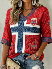 Women's Viking Celtic Pattern Print Norway Football Fan Mid-length Sleeves V-Neck T-Shirt