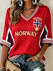 Women's Norway Football Viking Celtic Knot Flag Inspired Print Mid-length Sleeves V-Neck T-Shirt