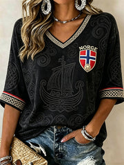 Women's Norway Football Viking Ship Celtic Knot Print Mid-length Sleeves V-Neck T-Shirt