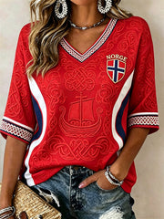 Women's Norway Football Viking Ship Celtic Knot Flag Inspired Print Mid-length Sleeves V-Neck T-Shirt