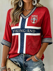 Women's Viking Celtic Art Football Inspired Print Mid-length Sleeves V-Neck T-Shirt