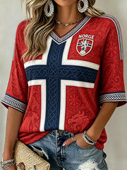 Women's Norway Football Inspired Celtic Print Mid-length Sleeves V-Neck T-Shirt