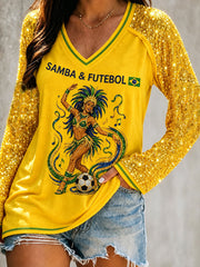 Women's Samba Football Double Layer Neck Long Sleeve T-Shirt