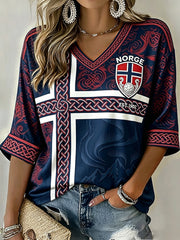 Women's Norway Football Inspired Celtic Print Mid-length Sleeves V-Neck T-Shirt
