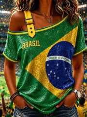 Women's Brazil Football Fan Gift Art Print  Off-the-Shoulder Short-Sleeve T-Shirt