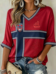 Women's Norway Football Inspired Print Mid-length Sleeves V-Neck T-Shirt