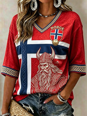 Women's Norway Football Viking Warrior Celtic Knot Flag Print Mid-length Sleeves V-Neck T-Shirt