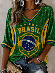 Women's Brazil Football Fan Gift Art Mid-length Sleeves V-Neck T-Shirt