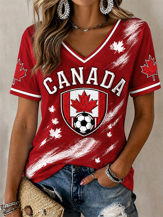 Women's Canada Soccer Graphic Print Casual V-Neck Tee