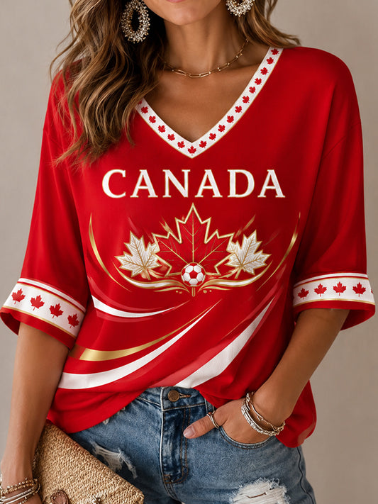 Women's Canada Print Casual Half-Sleeves V-Neck T-Shirt