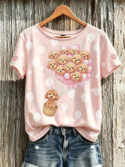 Women's cute dog pattern printed short-sleeved T-shirt
