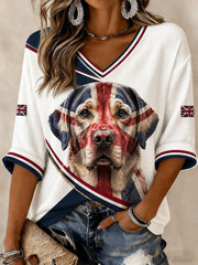 Women's British Labrador Printed Mid-length Sleeves V-neck T-shirt