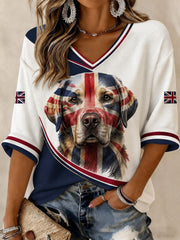 Women's British Labrador Printed Mid-length Sleeves V-neck T-shirt
