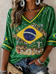 Women's Brazilian Football Glitter Art Print Mid-length Sleeves V-Neck T-Shirt